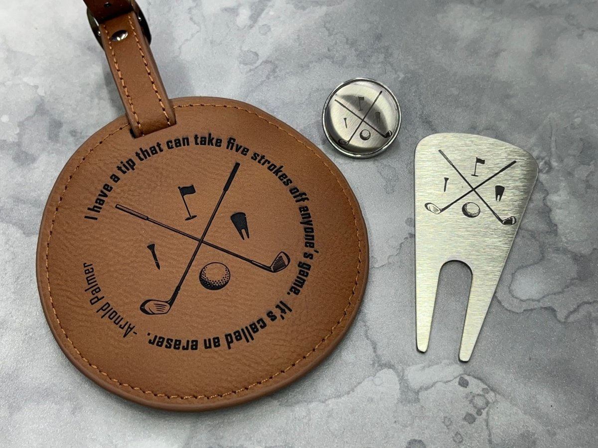 Personalized Golf Gift Set - Leather Tee Holder, Divot Tool, Ball Marker - Legacy Images - father's day gift golf sports laser engraved