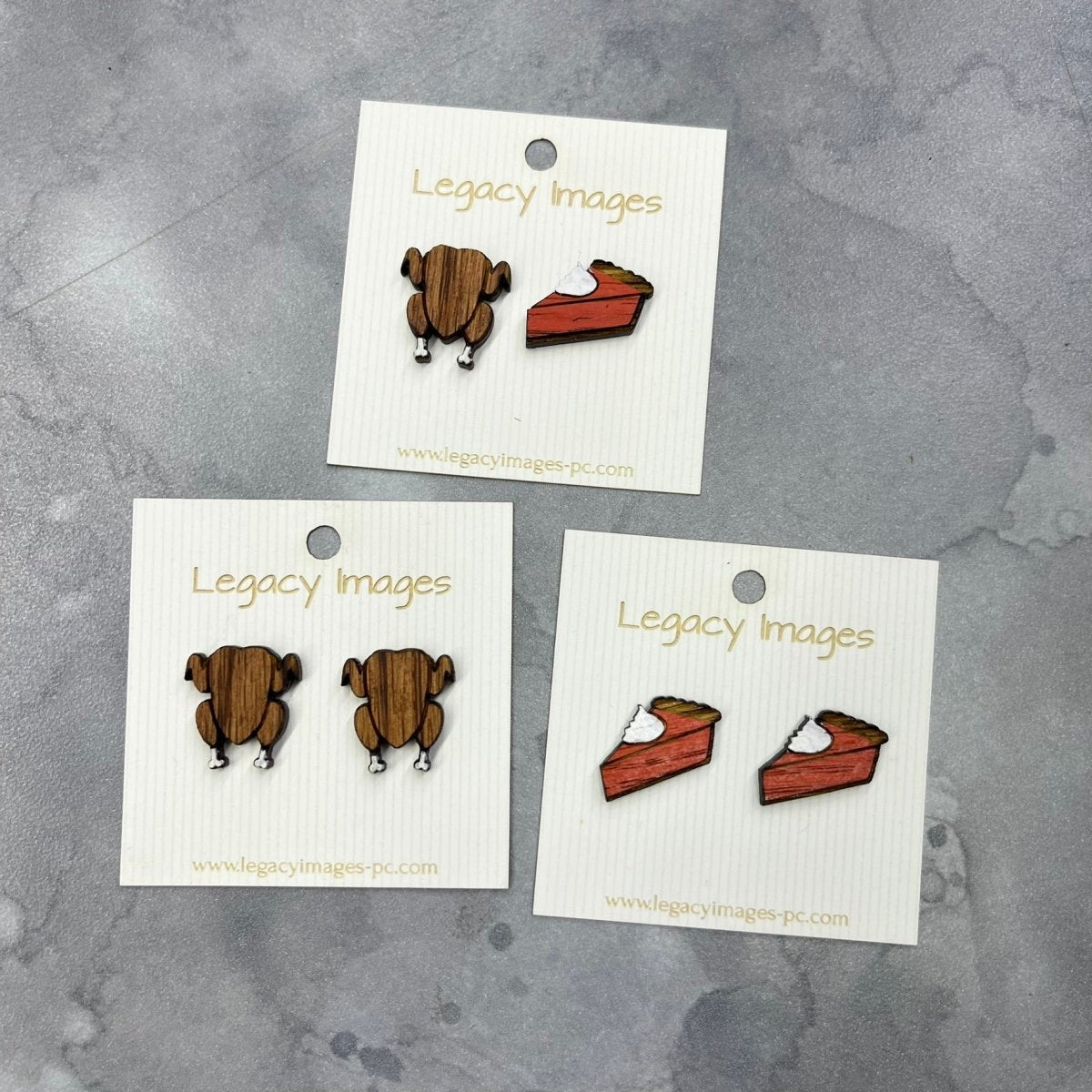 Thanksgiving Turkey & Pie Earrings, Wood Stud Earrings - Legacy Images - Earrings holiday holidays laser engraved
