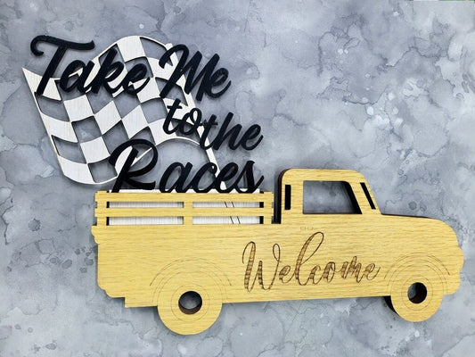 Welcome Truck Sign - Take Me to the Races - Legacy Images - car checkered flag decor laser engraved