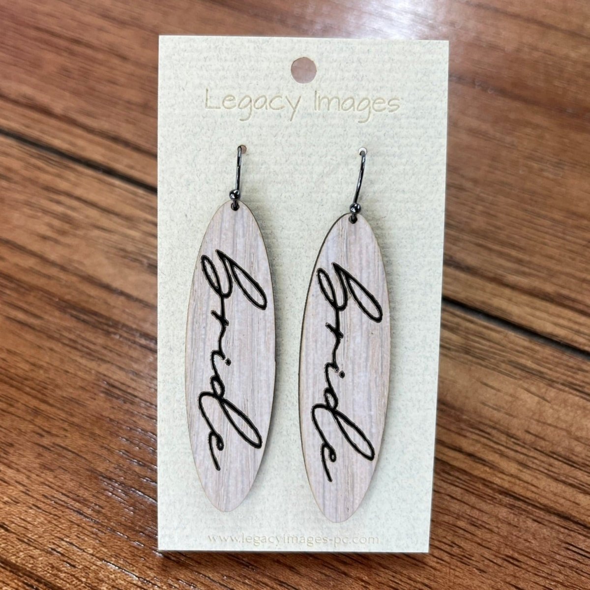 Bridal jewelry for wedding shower, bachelorette party or engagement. Whitewash wood with black foil cursive Bride - bride dangle earrings Earrings laser engraved