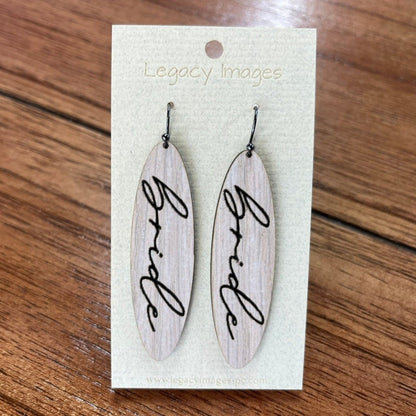 Bridal jewelry for wedding shower, bachelorette party or engagement. Whitewash wood with black foil cursive Bride - bride dangle earrings Earrings laser engraved