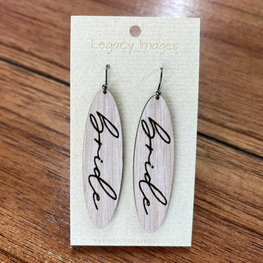 Bridal jewelry for wedding shower, bachelorette party or engagement. Whitewash wood with black foil cursive Bride - bride dangle earrings Earrings laser engraved
