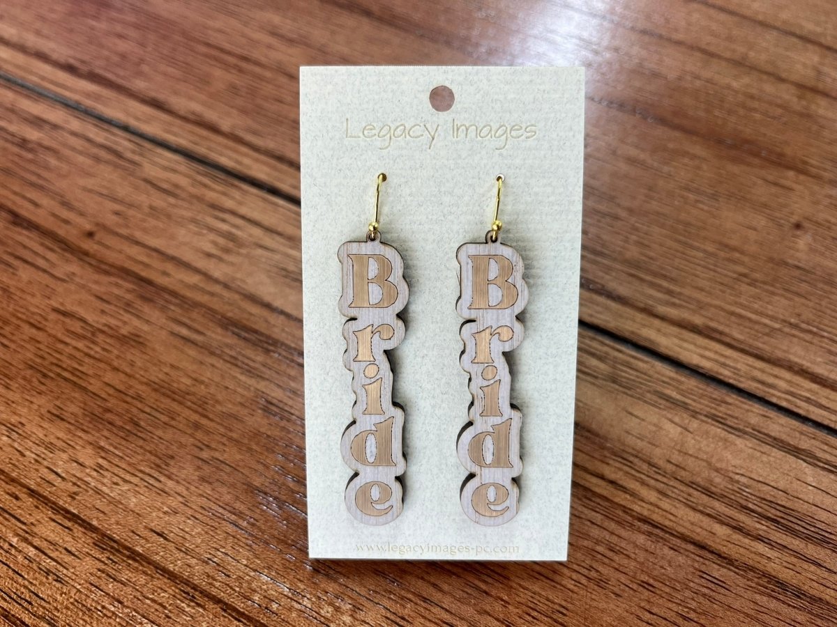 Bridal jewelry for wedding shower, bachelorette party or engagement. Whitewash wood with gold foil block letter Bride - bride dangle earrings Earrings laser engraved