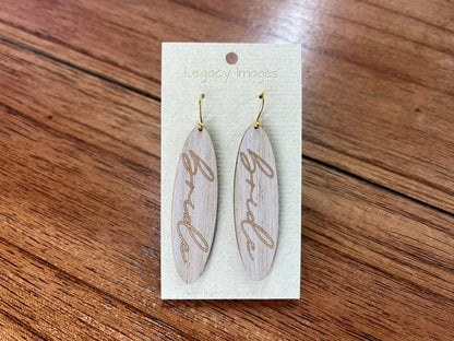 Bridal jewelry for wedding shower, bachelorette party or engagement. Whitewash wood with gold foil cursive Bride - bride dangle earrings Earrings laser engraved