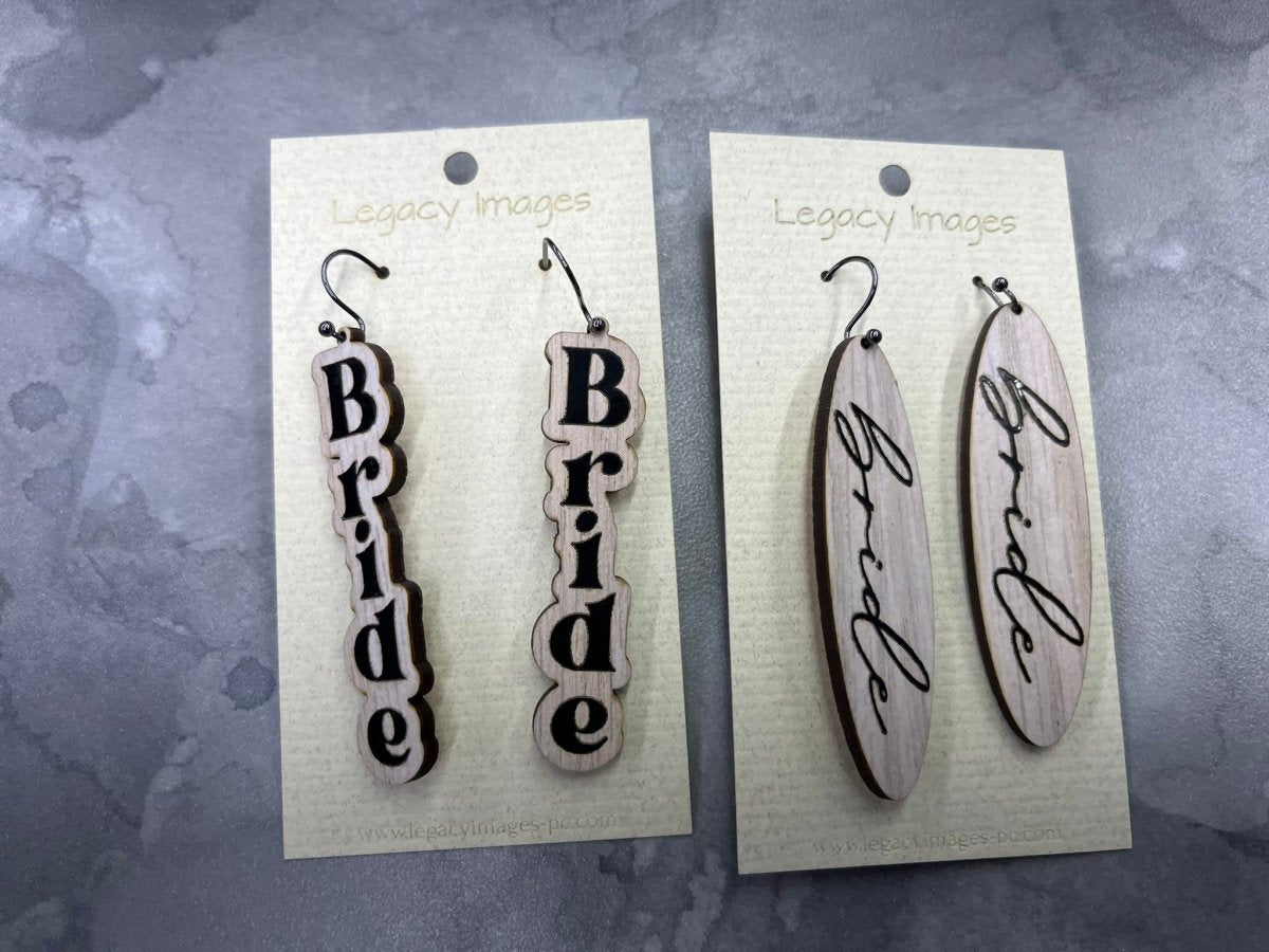 Bridal jewelry for wedding shower, bachelorette party or engagement. Whitewash wood with black foil cursive and block letter Bride - bride dangle earrings Earrings laser engraved