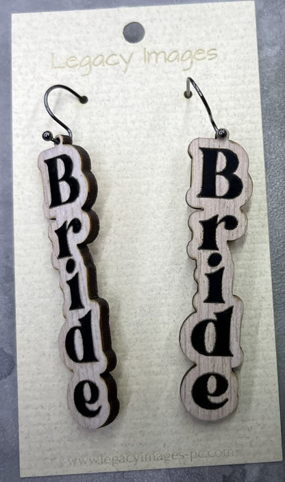 Bridal jewelry for wedding shower, bachelorette party or engagement. Whitewash wood with black foil block letter Bride - bride dangle earrings Earrings laser engraved