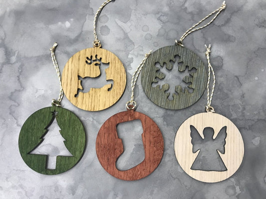 Christmas Ornament Set of 5 - Tree, Reindeer, Stocking, Snowflake, Angel - Legacy Images - christmas holiday ornament laser engraved