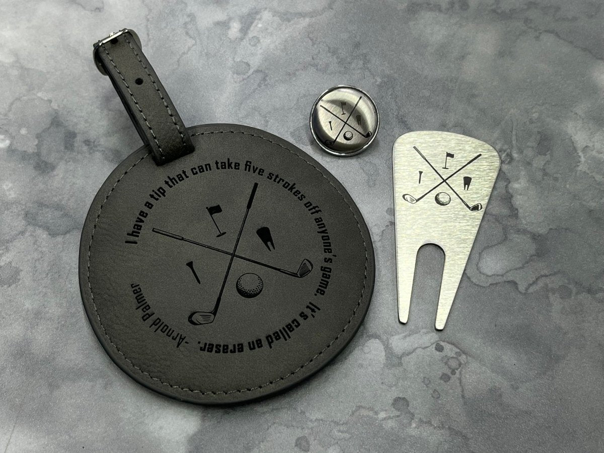 Personalized Golf Gift Set - Leather Tee Holder, Divot Tool, Ball Marker - Legacy Images - father's day gift golf sports laser engraved