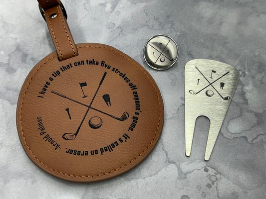 Personalized Golf Gift Set - Leather Tee Holder, Divot Tool, Ball Marker - Legacy Images - father's day gift golf sports laser engraved