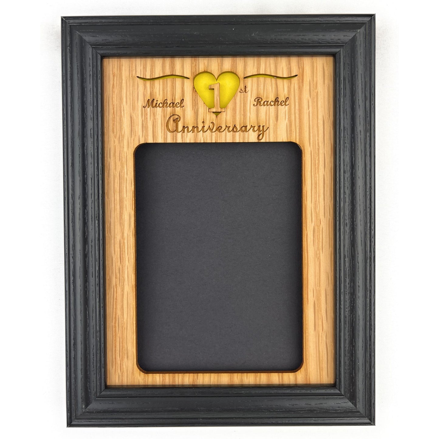 5x7 1st Anniversary Picture Frame holds a 3x4 Photo and can be personalized with your names.
